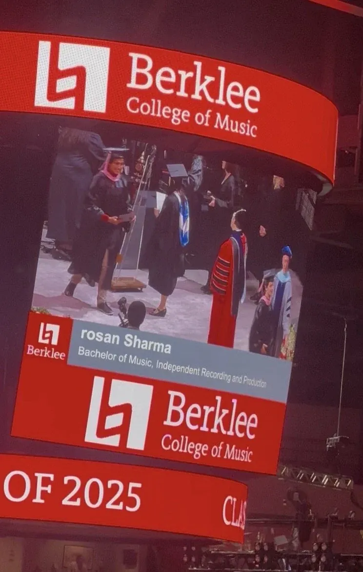 Berklee College of Music 2025 commencement screen showing Rosan Sharma and Bachelor of Music, Independent Recording and Production